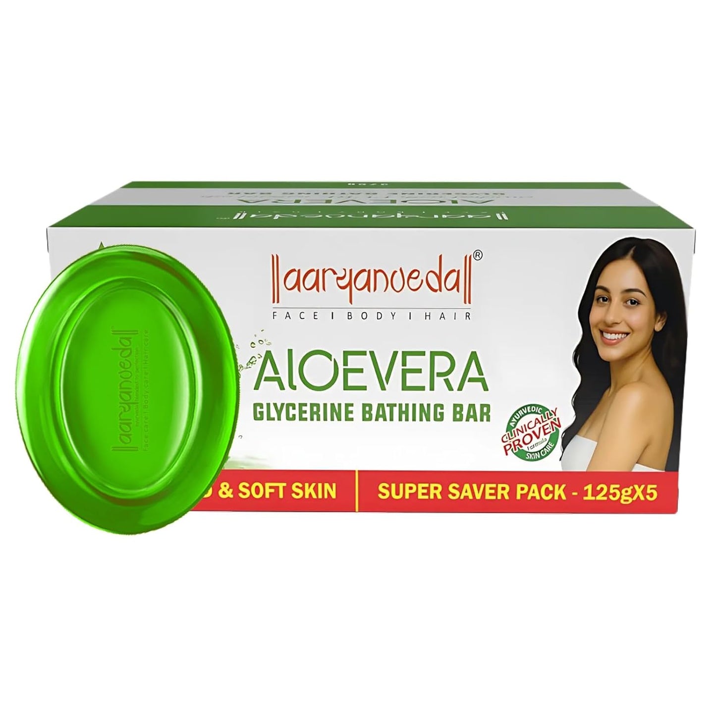 Aaryanveda Aloe Vera Glycerine Bathing Bar Neem Body Moisturizing Bath Soap for Women & Men (5 x 125 g)