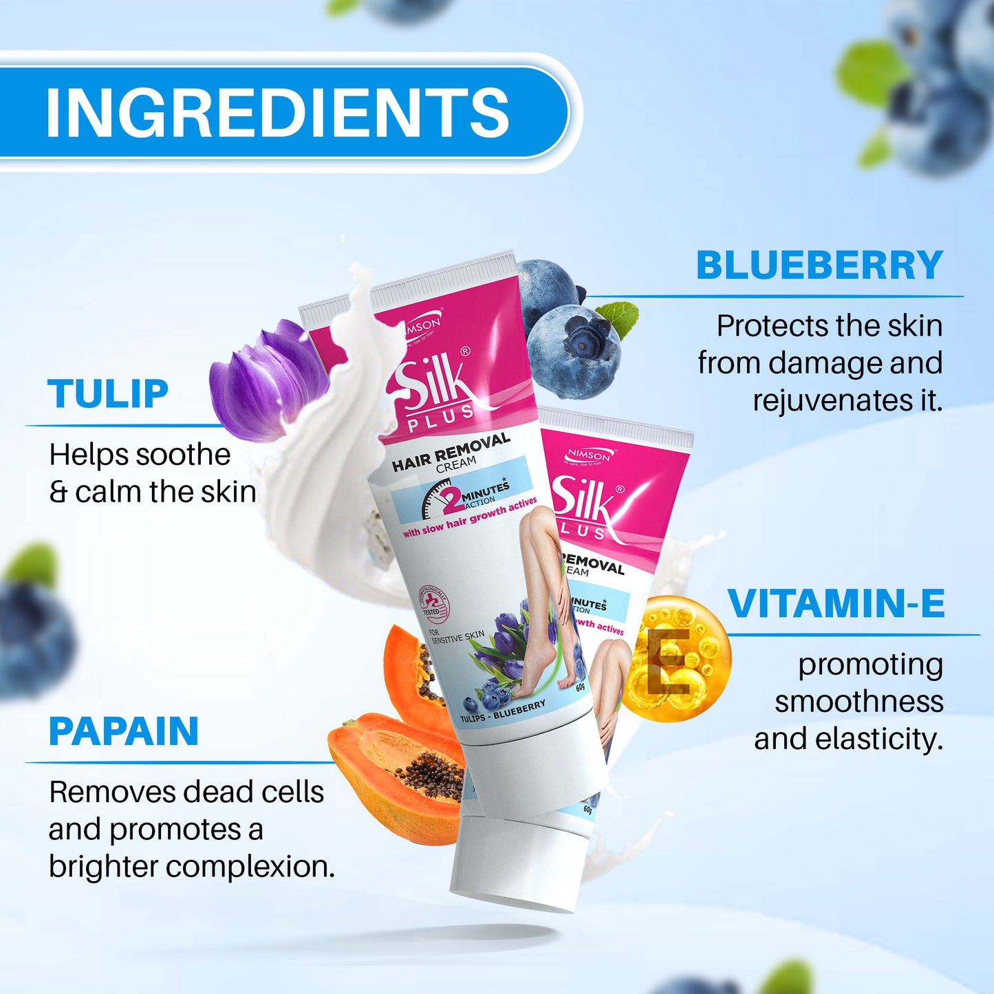 Silk Plus Tulip- Blueberry Hair Removal Cream For Sensitive Skin