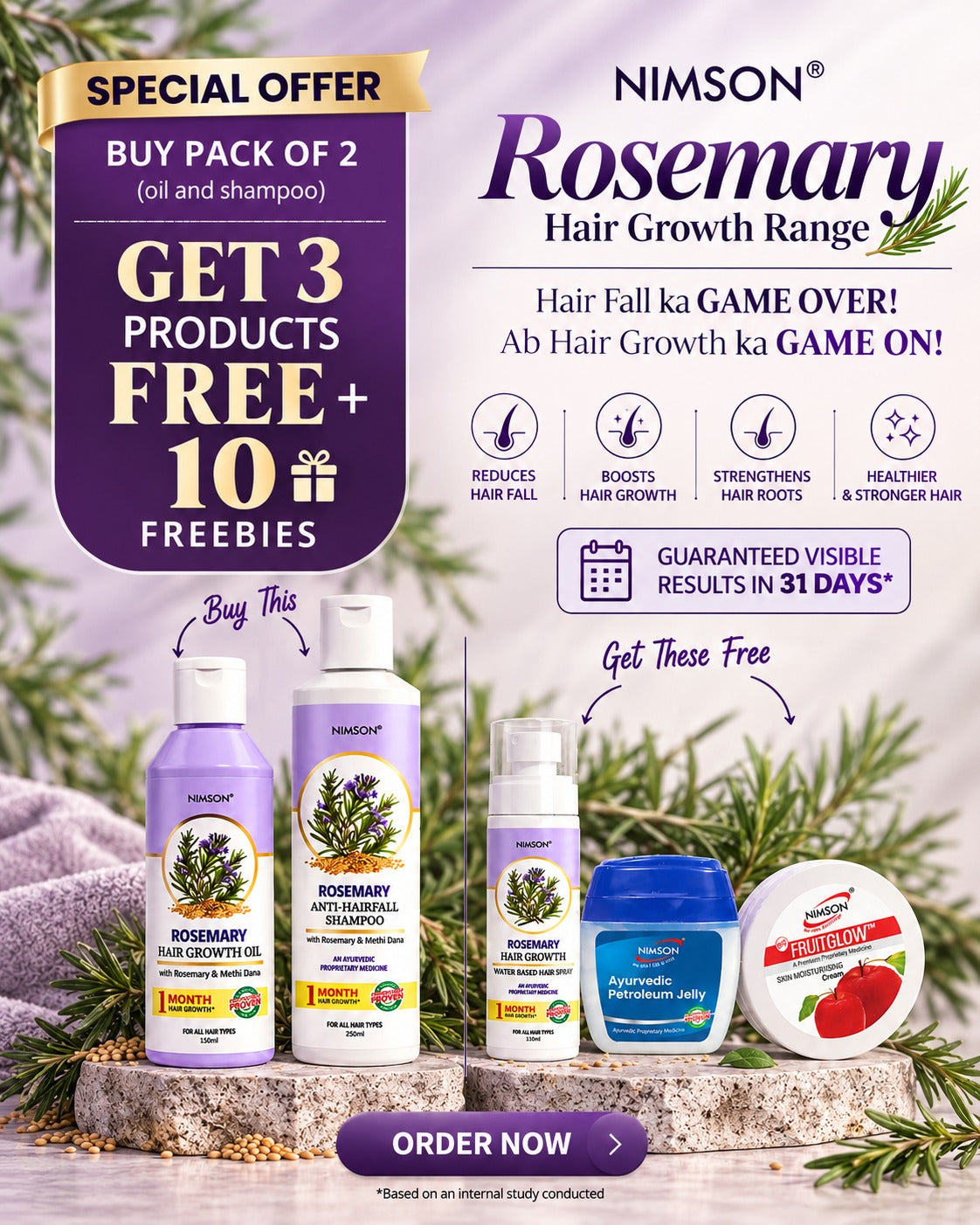 Nimson Rosemary Hair Care Combo – | Buy Pack of 2 Get 3 Free |  Rosemary Shampoo 250ml +  Rosemary Hair Growth Oil 150ml | Get Fruit Cream 50g + Petroleum Jelly 42ml + Rosemary Spray 110ml | For Men & Women