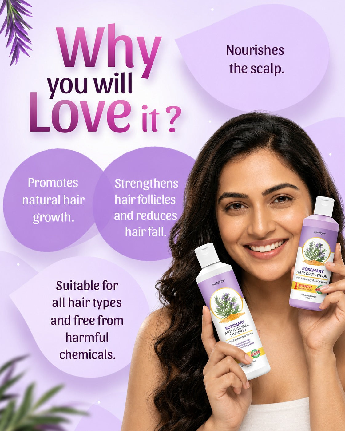 Nimson Rosemary Hair Care Combo – | Buy Pack of 2 Get 3 Free |  Rosemary Shampoo 250ml +  Rosemary Hair Growth Oil 150ml | Get Fruit Cream 50g + Petroleum Jelly 42ml + Rosemary Spray 110ml | For Men & Women
