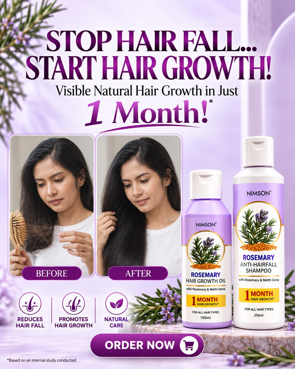 Nimson Rosemary Hair Care Combo – | Buy Pack of 2 Get 3 Free |  Rosemary Shampoo 250ml +  Rosemary Hair Growth Oil 150ml | Get Fruit Cream 50g + Petroleum Jelly 42ml + Rosemary Spray 110ml | For Men & Women