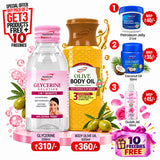 Nimson Glycerine & Body Olive Oil Combo – Buy Pack of 2 Get 3 Free | Glycerine 200ml + Body Olive Oil 500ml | Get Petroleum Jelly 21ml + Coconut Oil 50ml + Gulab Jal 50ml + 10 Freebies | For Glowing Skin & Daily Body Care