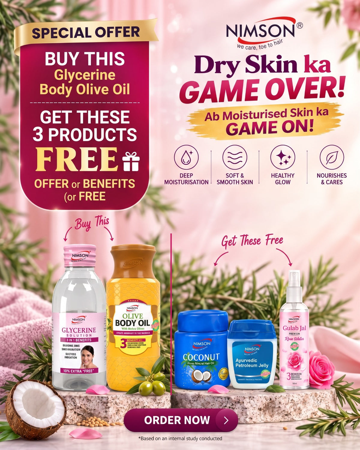 Nimson Glycerine & Body Olive Oil Combo – Buy Pack of 2 Get 3 Free | Glycerine 200ml + Body Olive Oil 500ml | Get Petroleum Jelly 21ml + Coconut Oil 50ml + Gulab Jal 50ml + 10 Freebies | For Glowing Skin & Daily Body Care