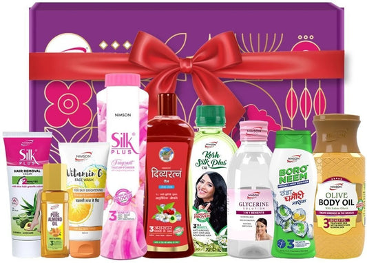 Valentine Glow Gift Combo Body & Face Care Gift Set With Glycerine, Hair Cream, Hair Oil, Face Wash, Olive Oil, Talcum Boro Neem & Silk Plus All Occasion (9 Items in the set)