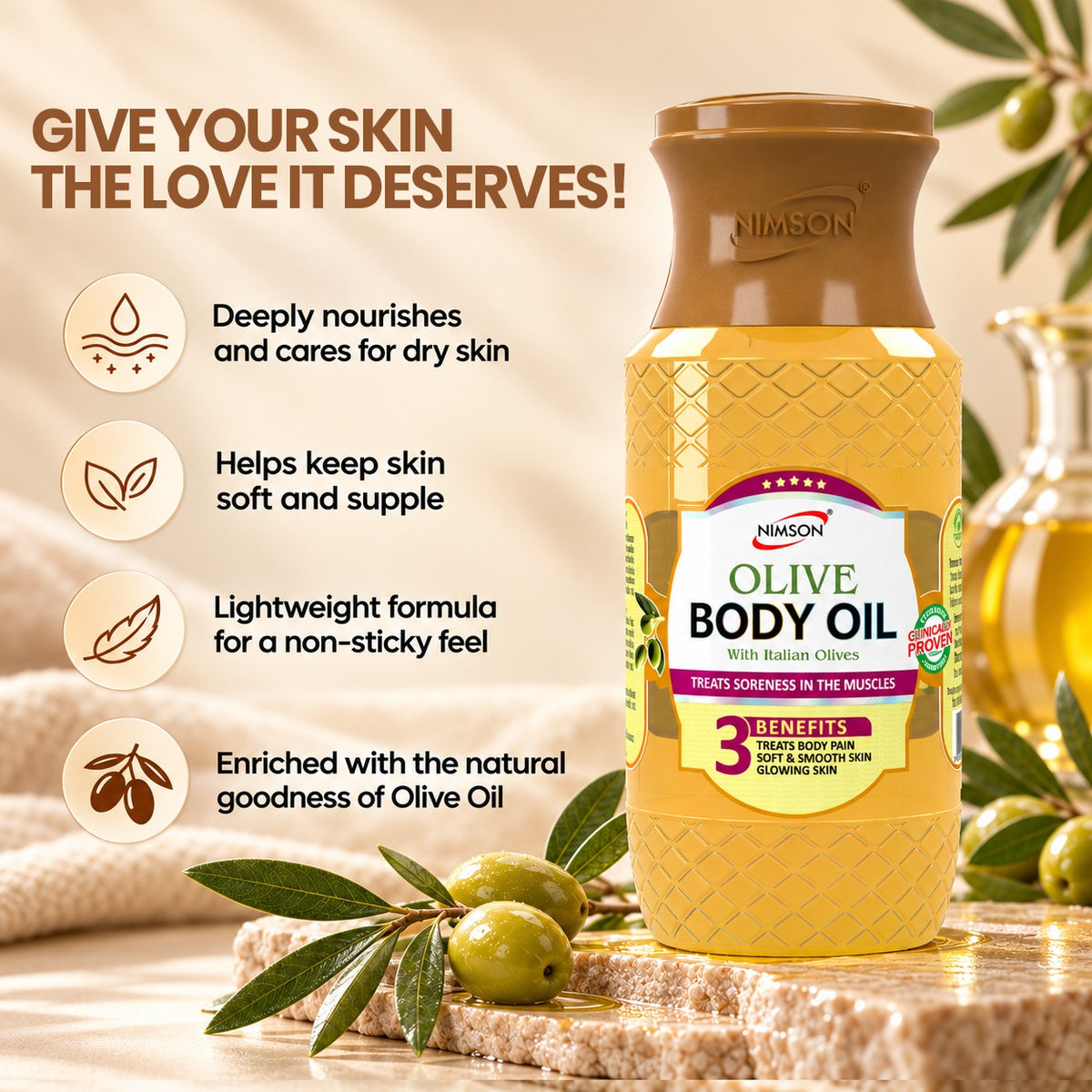 Nimson Glycerine & Body Olive Oil Combo – Buy Pack of 2 Get 3 Free | Glycerine 200ml + Body Olive Oil 500ml | Get Petroleum Jelly 21ml + Coconut Oil 50ml + Gulab Jal 50ml + 10 Freebies | For Glowing Skin & Daily Body Care