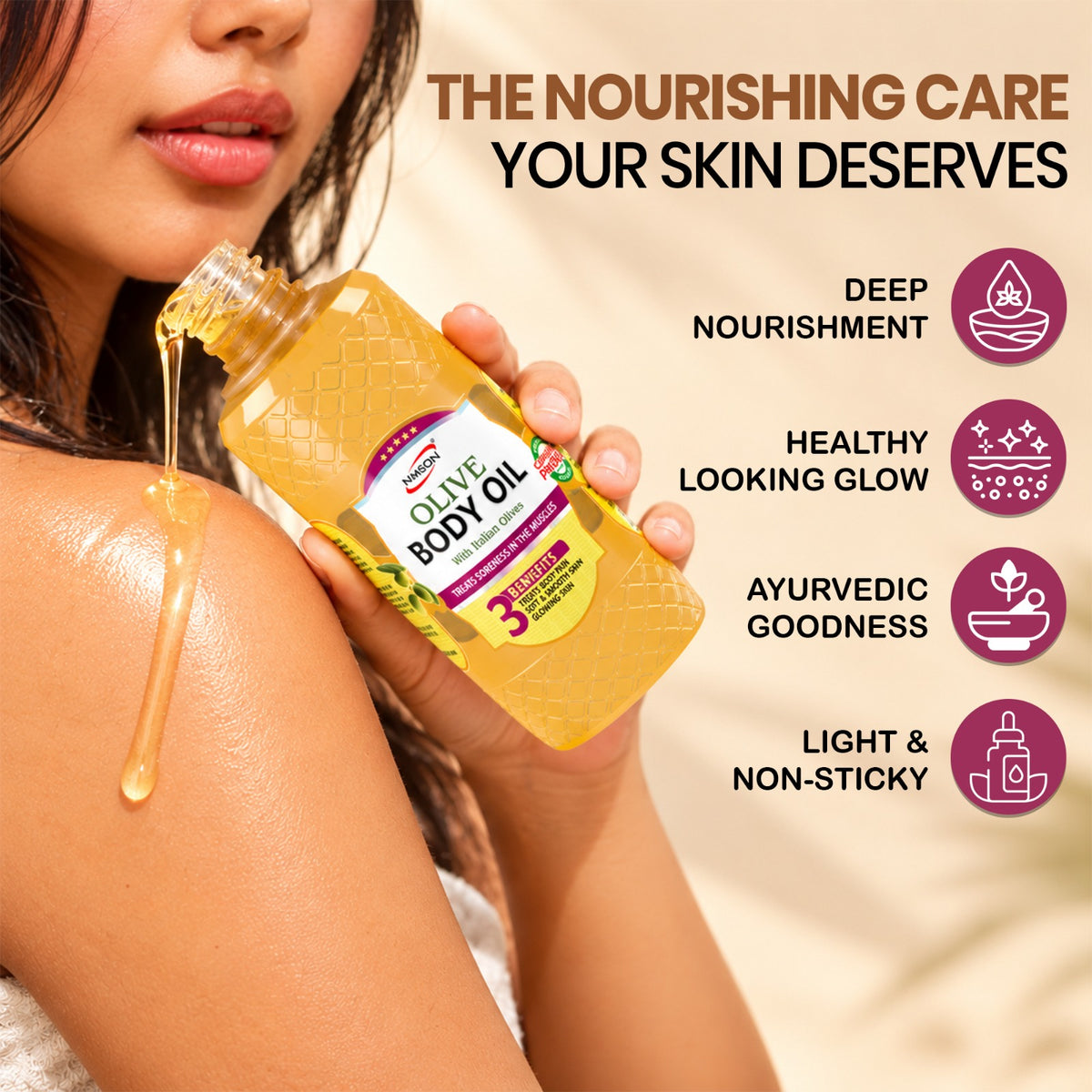 Nimson Glycerine & Body Olive Oil Combo – Buy Pack of 2 Get 3 Free | Glycerine 200ml + Body Olive Oil 500ml | Get Petroleum Jelly 21ml + Coconut Oil 50ml + Gulab Jal 50ml + 10 Freebies | For Glowing Skin & Daily Body Care