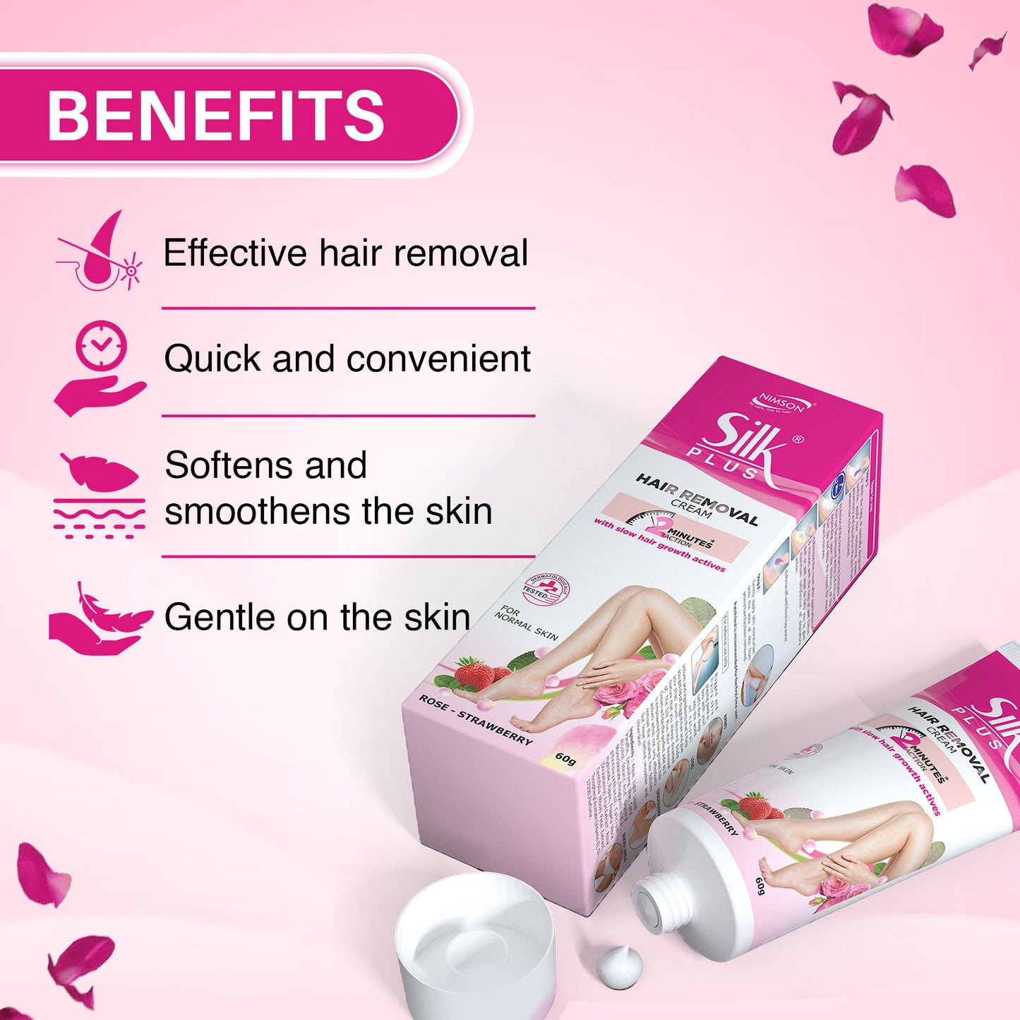 Silk Plus Rose - Strawberry Hair Removal Cream For Normal Skin