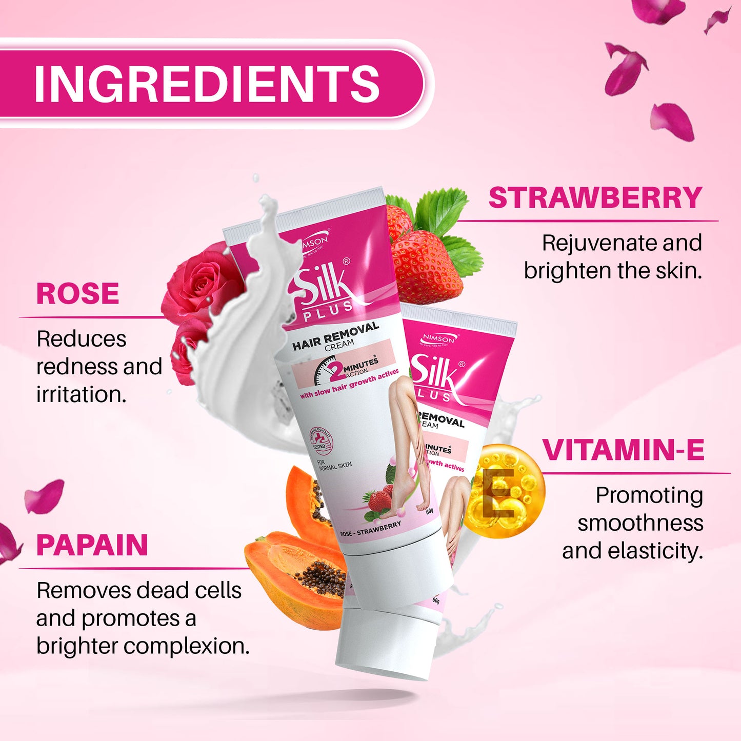 Silk Plus Rose - Strawberry Hair Removal Cream For Normal Skin