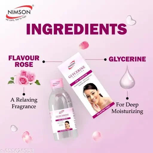 Nimson Glycerine & Body Olive Oil Combo – Buy Pack of 2 Get 3 Free | Glycerine 200ml + Body Olive Oil 500ml | Get Petroleum Jelly 21ml + Coconut Oil 50ml + Gulab Jal 50ml + 10 Freebies | For Glowing Skin & Daily Body Care